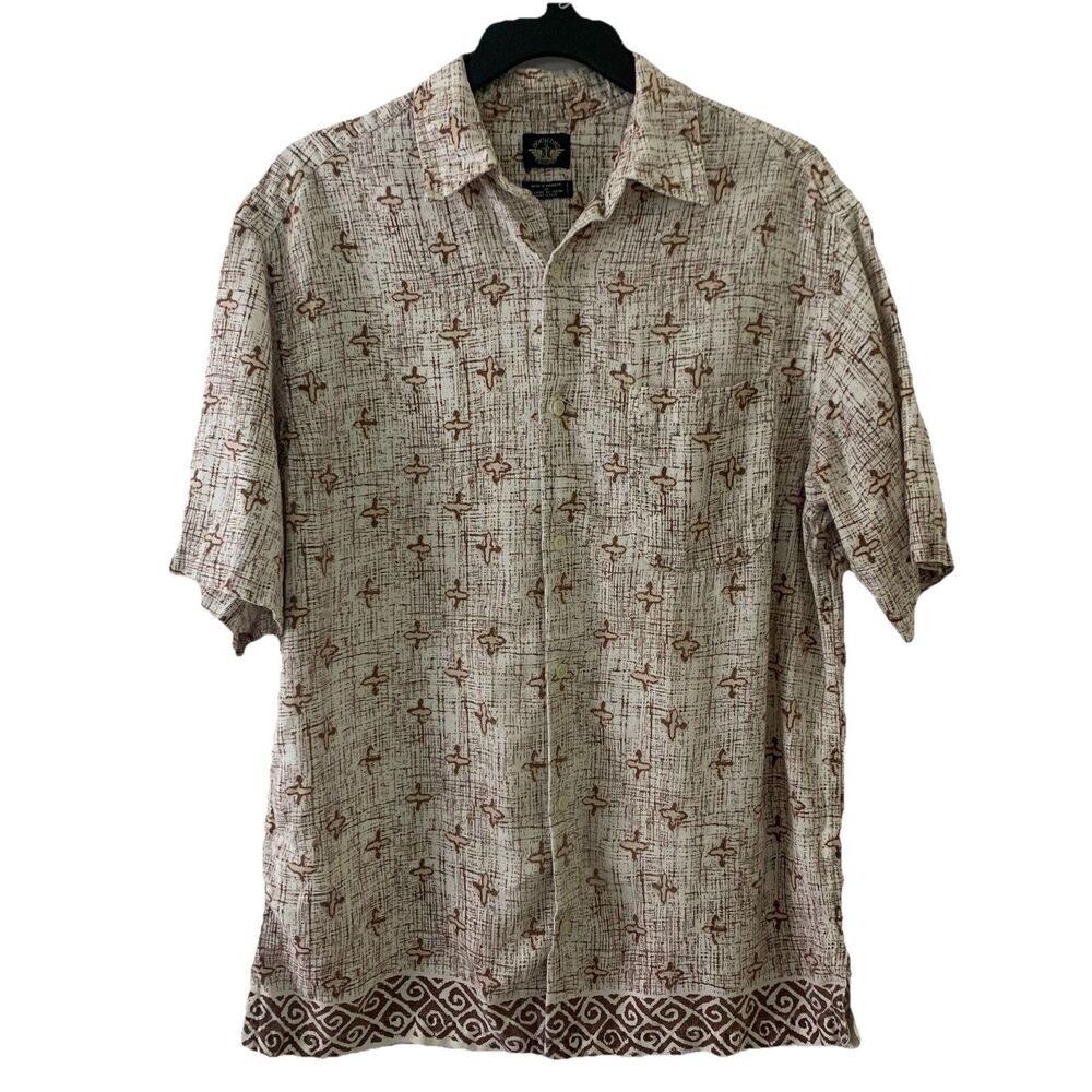 Vintage Dockers Linen Blend Button Down Beige Brown Short Sleeve Shirt Mens M